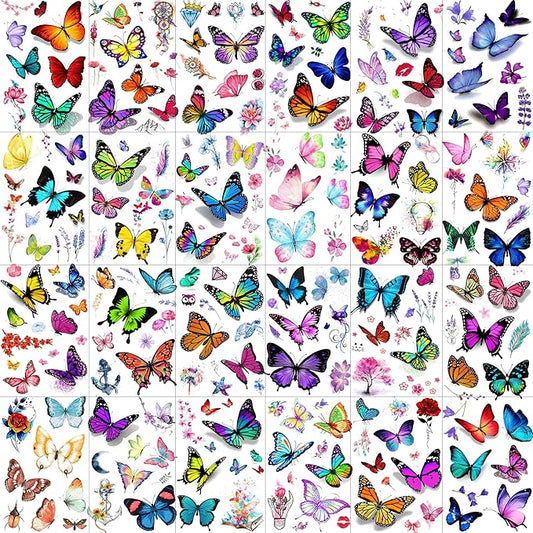 24 Sheets 155+ PCS 3D Colorful Butterfly Temporary Tattoos For Women Arm Boobs, Watercolor Butterfly Tattoos Stickers, Long Lasting Small Fake Tattoos For Kids Girls Adult Neck Cholo Lavender