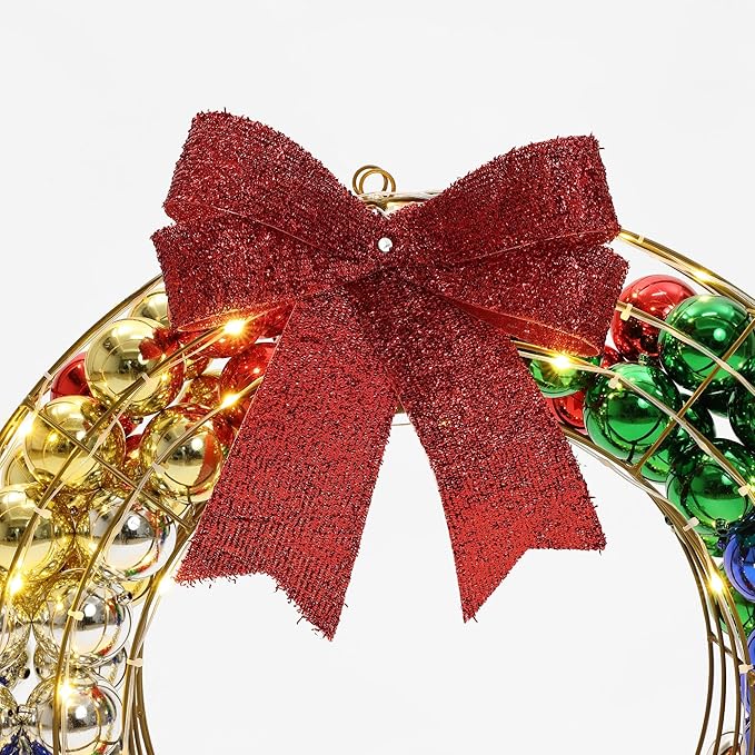 LuxenHome 24Inch Lighted Christmas Wreath, Christmas Outdoor Decorations, Large Wreath with Red Bow 188 LED Lights, Ornament Colorful Balls for Indoor, Lawn, Yard, Garden, Holiday Decor
