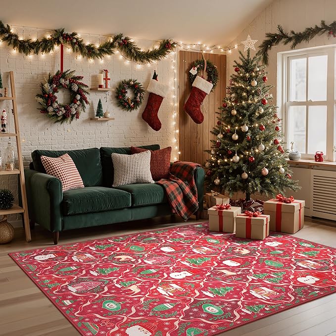 Christmas Area Rug 8x10 for Living Room, Washable Rug for Bedroom, Christmas Home Decor, Holiday Print Carpet, Low Pile Non Slip Mat with Rubber Backing, Red Christmas Tale Pattern