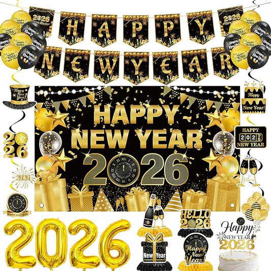 2026 New Years Decorations Party - 35 Pcs Gold Black 2026 Happy New Year Banners Foil Balloons Backdrop Hanging Swirls Honeycomb Centerpieces Cake Topper for New Years Eve Party Celebration Supplies