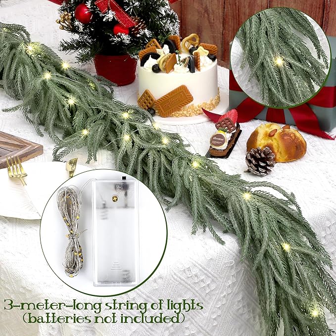 Fovths 1 Pack 9 Feet Christmas Norfolk Garlands Set Green Artificial Winter Pine Garlands Light String Faux Greenery Garland Pine Garland for Xmas Holiday Home Indoor Decor, Green and White