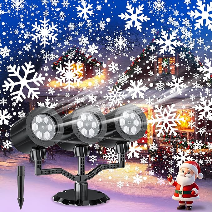 Christmas Projector Lights Outdoor, GUSODOR Upgraded Snowflake Projector IP65 Waterproof LED Snow Projection Lights for Indoor Outdoor Christmas Decoration, Holiday, Yard Decor-Three-Head A