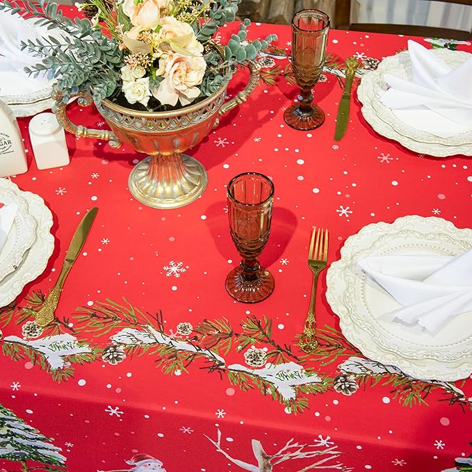 Christmas Waterproof Tablecloth – Red Holiday Table Cover with Santa Claus, Reindeer, Tree & Snowflake Design – Festive Dining Decor for Christmas Party and Home, W60 x L144 in