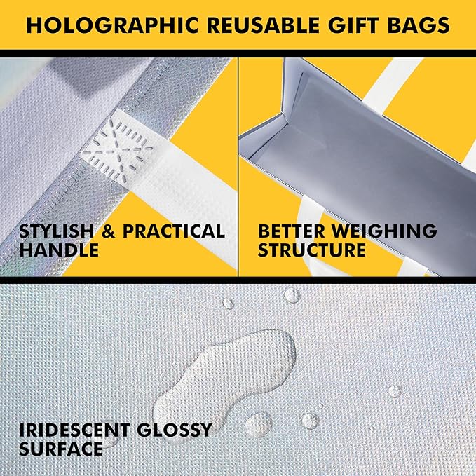 RACETOP 15 Pcs Iridescent Glossy Gift Bags Large Size, 13x5x11 Inch Holographic Reusable Gift Bags with Handles & Sturdy Base, Ideal for Birthday, Wedding, Bachelorette, Party Favors, Holiday Goodie