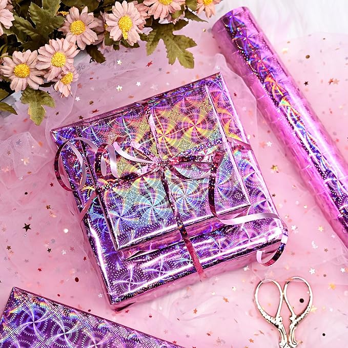 Yarcony Pink Holographic Wrapping Paper Roll, Shiny Iridescent Metallic Gift Wrapping Paper, Colorful Rainbow Valentines Wrapping Paper for Girl Birthday Party,Anniversary,Wedding (17 Inch X 33 Feet)