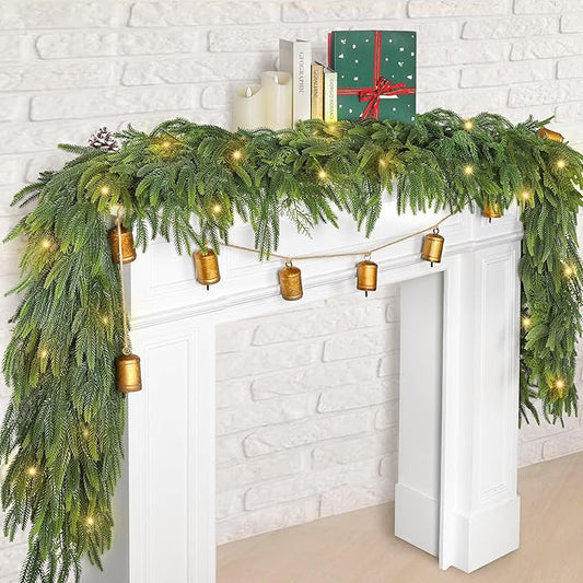 Fovths 9 Ft Christmas Garlands with Lights and Bells Real Touch Norfork Pine Garland Artificial Greenery Garlands for Christmas Mantle, Table Indoor Outdoor Decorations, Green