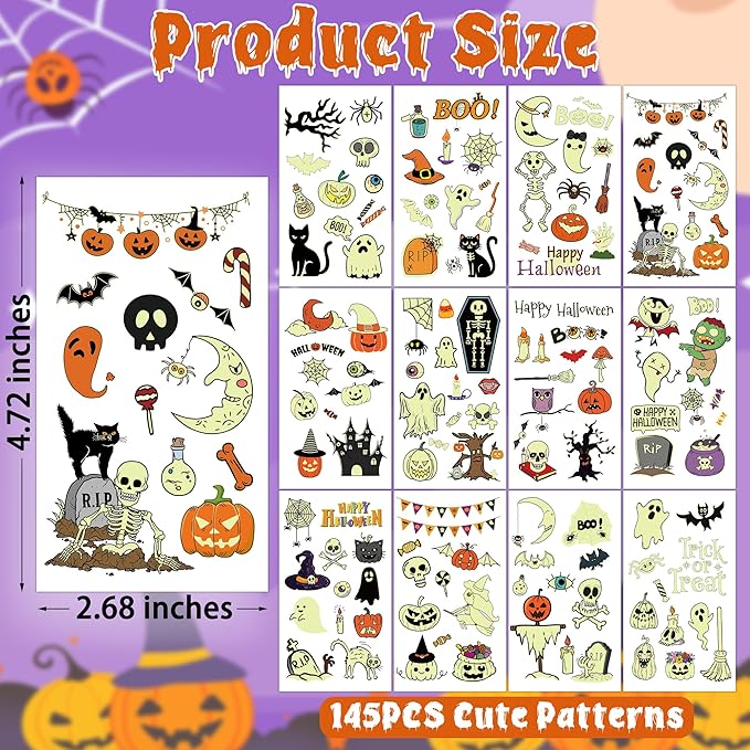 145 Styles Halloween Tattoos for Kids, 12PCS Halloween Luminous Tattoos, Glow in Dark Ghosts Pumpkin Fake Temporary Tattoos Stickers Bulk for Halloween Party Favors Accessories Supplies