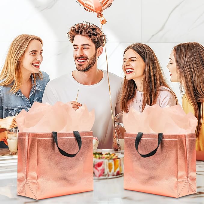 KeerxunBag 12Pcs Reusable Gift Bags（Includes Tissue Paper） Gift bag with handle Birthdays Parties Holidays Weddings Medium 13x5x11in Rose Gold Bags