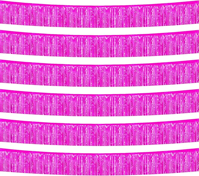 6 Pack 10 Feet Foil Fringe Garland Metallic Tinsel Banner Wall Hanging Curtain Streamers Backdrop for Parade Floats Bachelorette Wedding Birthday Party Thanksgiving Christmas Decorations(Fuchsia)