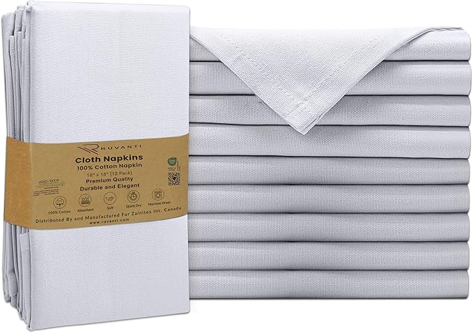 Ruvanti Premium Cloth Napkins Set of 12, 18x18 Inches, 100% Cotton, Washable, Soft & Absorbent, Perfect for Wedding, Christmas, ‎Thanksgiving Dinners - White