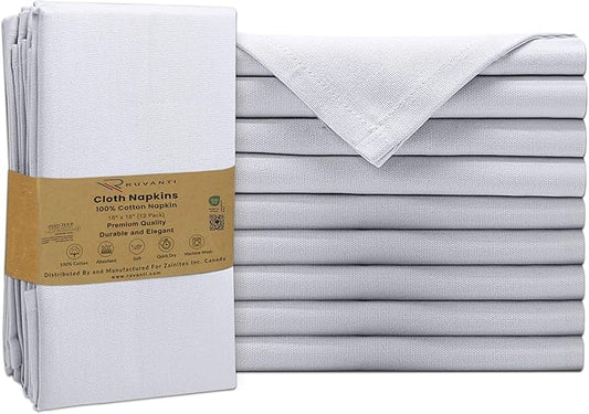 Ruvanti Premium Cloth Napkins Set of 12, 18x18 Inches, 100% Cotton, Washable, Soft & Absorbent, Perfect for Wedding, Christmas, ‎Thanksgiving Dinners - White