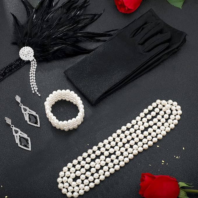 Maitys 1920s Accessories Set for Women Flapper Costume Feather Headband Necklace Bracelet Earrings