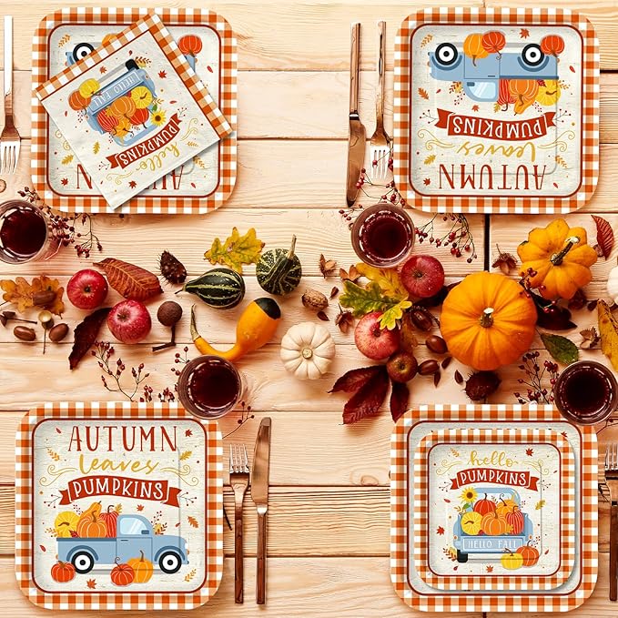 Fall Theme Party Supplies Kit, Serves 25: Complete Autumn Harvest Disposable Dinnerware Set - Includes Dinner & Plates, Napkins, Cups & Tablecloth. Thanksgiving/Autumn Party Decorations.