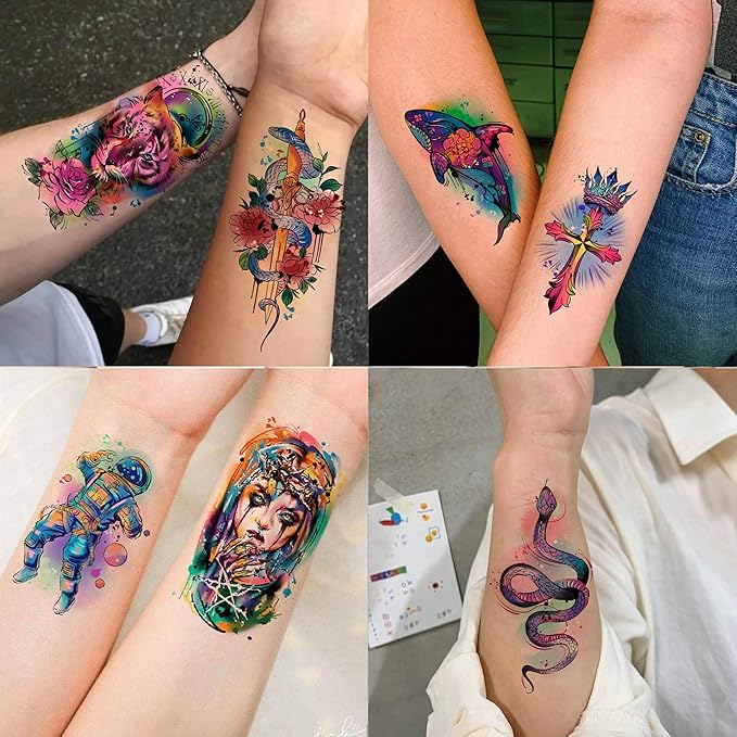 60 Sheets 3D Watercolor Temporary Tattoos For Women Men Adults, Groovy Realistic Blue Eagle Dragon Fake Tattoo Stickers Body Arm, Wolf Tiger Lion Skull Moon Colorful Fake Tattoo Halloween Snake Anchor