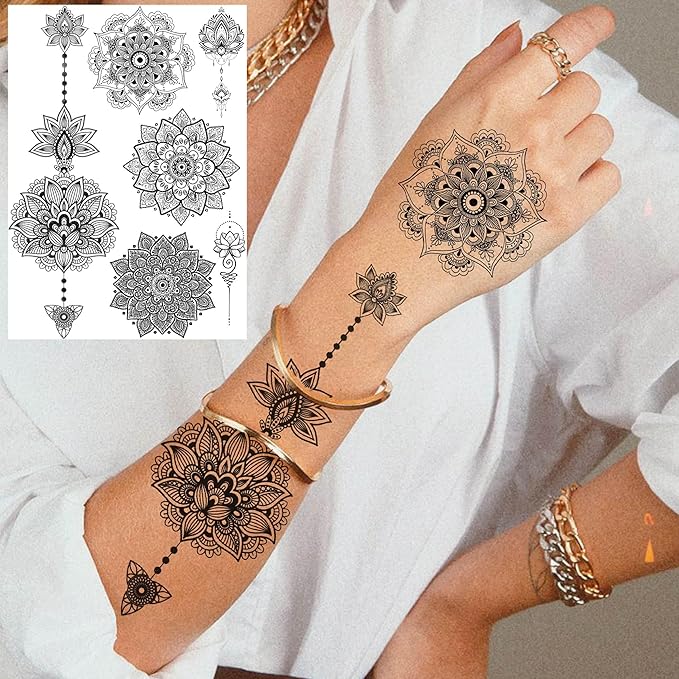 4 Sheets Vintage India Sexy Lace Black Mandala Flower Temporary Tattoos For Women Hand Finger Girls Adults Sets Kits, Wedding Bridal Fake Jewels Tattoo Sticker Lotus Stencils, Party Favor Supplies