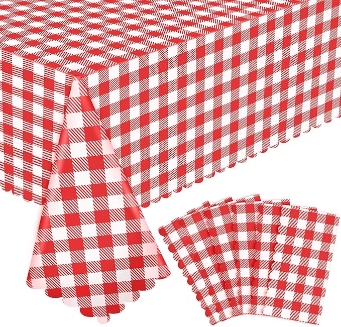 6 Pack Red and White Checkered Tablecloth, 54 X 108Inch Plastic Red Gingham Table Cloth Disposable Spring Picnic Tablecloth Waterproof Red Checkered Table Cover for BBQ Picnic Barbecue Birthday Party