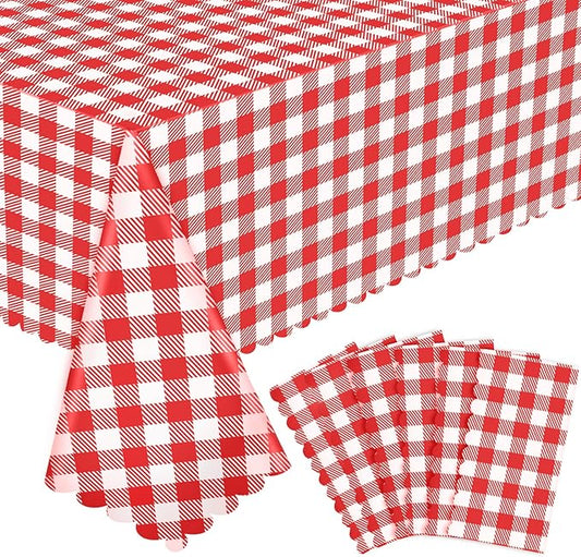 6 Pack Red and White Checkered Tablecloth, 54 X 108Inch Plastic Red Gingham Table Cloth Disposable Spring Picnic Tablecloth Waterproof Red Checkered Table Cover for BBQ Picnic Barbecue Birthday Party