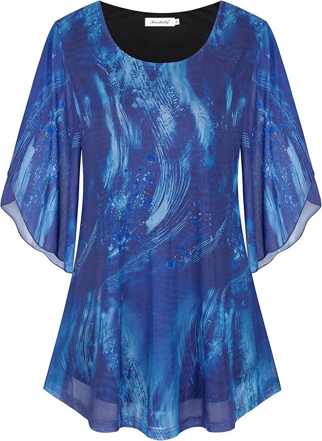 Ninedaily Women's Tops 3/4 Sleeve Blouses Dressy Casual Double Layers Mesh Tunic Shirts
