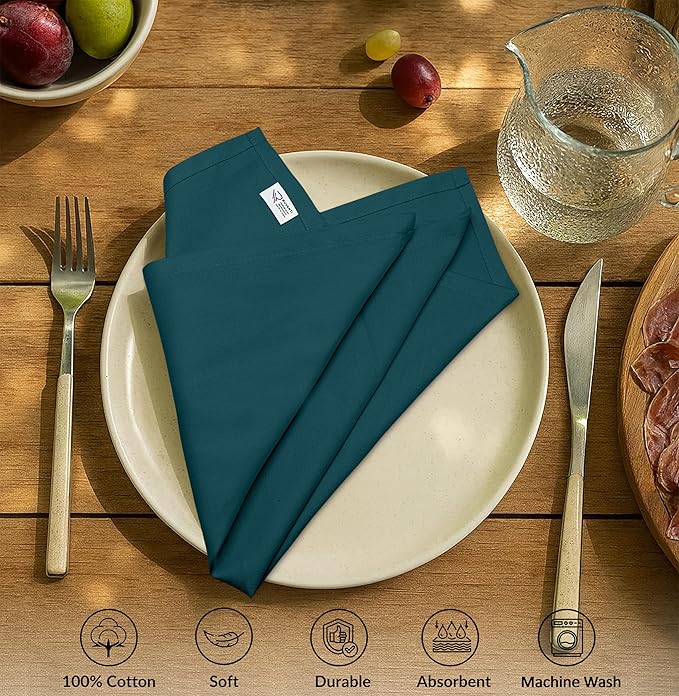 Ruvanti Premium Cloth Napkins Set of 12, 18x18 Inches, 100% Cotton, Washable, Soft & Absorbent, Perfect for Wedding, Christmas, Thanksgiving Dinners - Deep Teal
