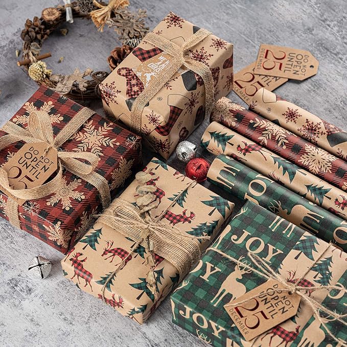 RUSPEPA Christmas Wrapping Paper Rolls with Tags, Jute String and Gift Wrap Bows - 30 inches x 10 feet per Roll, Total of 4 Rolls
