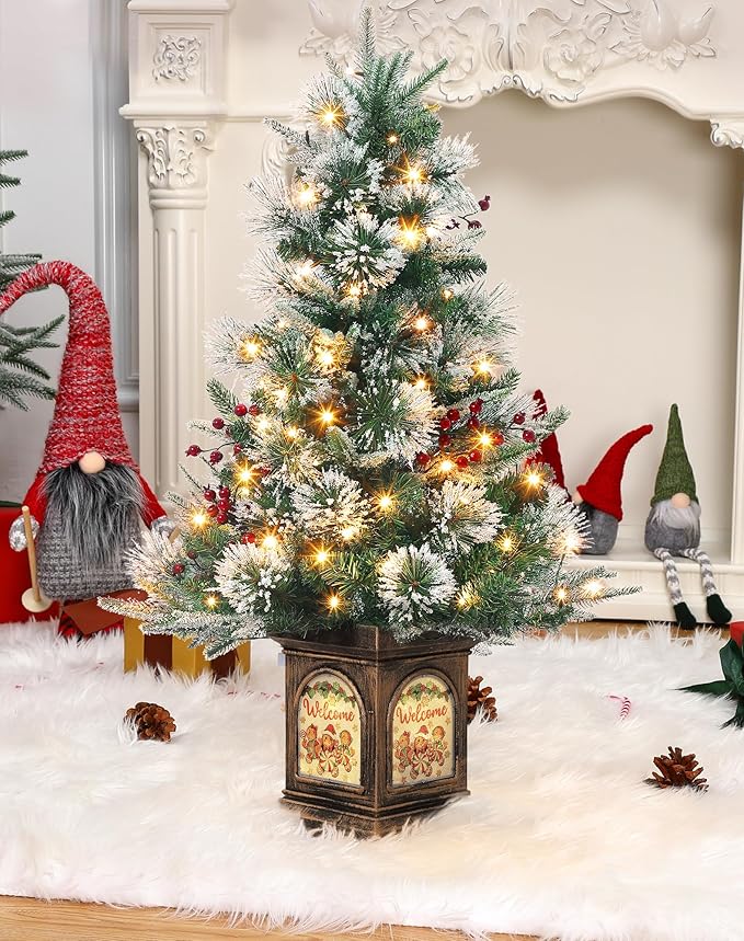 3 ft Prelit Premium Snow Flocked Artificial Christmas Tree with 8 Mode Warm White Led, Mini Prelit Xmas Pine Tree for Christmas Decoration,Yard,Home,Office,Outdoor,Indoor, Gingerman Rusty Base 2 Pack
