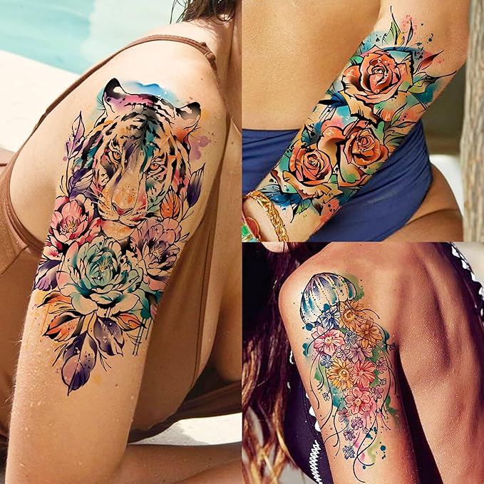 COKTAK 67 Sheets Watercolor Rose Flower Temporary Tattoos For Women Girls, 12 Sheets Colorful Arm Sleeve Tattoos For Adults Floral Snake Tiger, 53 Sheets Groovy Small Semi Permanent Fake Tattoos Kids