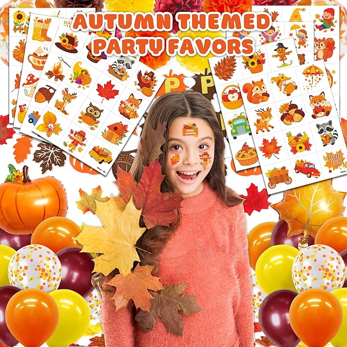 96 PCS Hello Fall Autumn Leaves Animal Pumpkin Pre-Cut Temporary Tattoos for Kids | Cute Themed Birthday Party Favors, Supplies, Decorations, Fake Tattoo Stickers, School Rewards Gifts & Boys & Girls