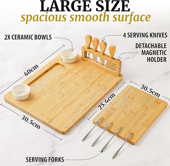 Zulay Kitchen Premium Bamboo Charcuterie Board Set - Extra Thick Bamboo with 4 Piece Knife Set - Perfect for Charcuterie, Wine and Cheese