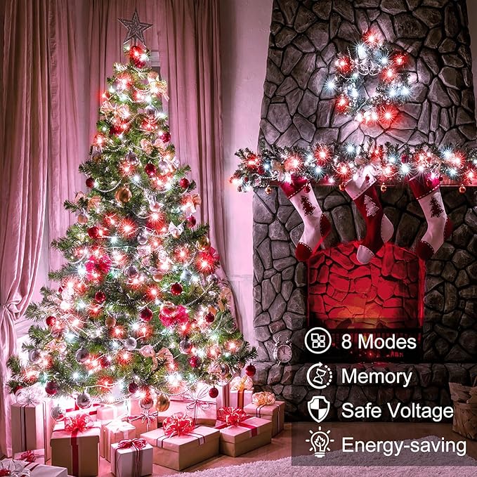 66FT 200 LED Christmas Lights Outdoor, Plug in Christmas String Lights Indoor, Waterproof & 8 Modes & Timer Function, Connectable Fairy Twinkle Light for Tree Garden Xmas Decor, Red White