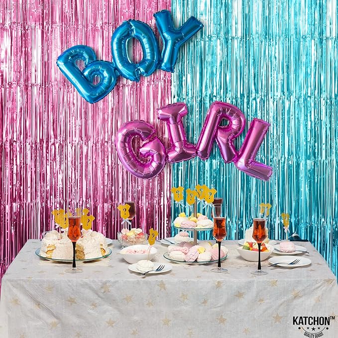 KatchOn, Large Pink and Blue Foil Fringe - 6.4x8 Feet, Pack of 2 | Girl or Boy Gender Reveal Decorations | Pink and Blue Fringe, Boy or Girl Backdrop | Gender Reveal Backdrop for Gender Reveal D√©cor