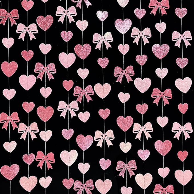 Pink Bow Decorations Pink Glitter Paper Heart Bow Hanging Garland Streamer for Coquette Birthday Valentines Bachelorette Anniversary Wedding Bridal Shower Baby Shower Hen Party Decorations Supplies