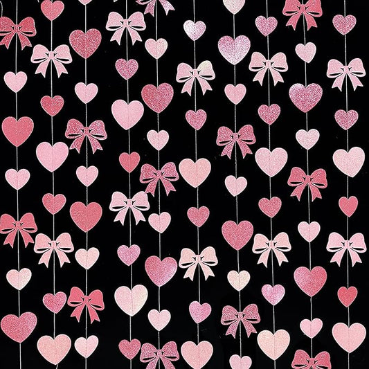 Pink Bow Decorations Pink Glitter Paper Heart Bow Hanging Garland Streamer for Coquette Birthday Valentines Bachelorette Anniversary Wedding Bridal Shower Baby Shower Hen Party Decorations Supplies