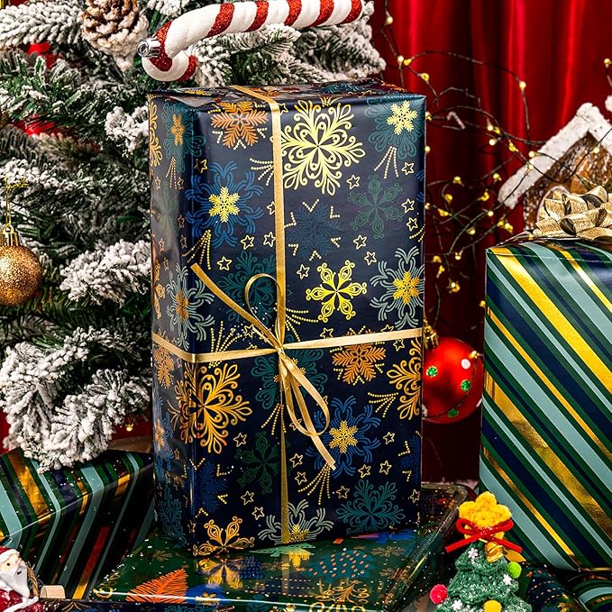 MAYPLUSS Christmas Wrapping Paper - 17 In x 120 In Per Roll - Vintage Navy Snowflake, Emeraled Green Chritmas Tree & Gold Stripe Design Holiday Gift Wrap w/Metallic Foil Shine for Festive Celebration
