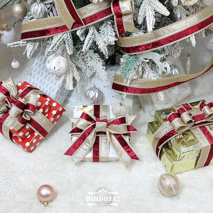 Burgundy Velvet Wired Christmas Ribbon 2.5 Inch Maroon and Gold Ribbon – 10-Yards Roll for Tree Decorations, Gift Wrapping, Wreaths, and DIY Crafts