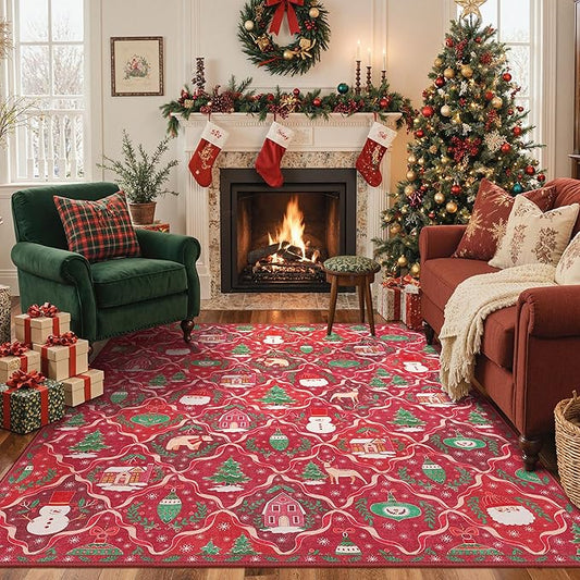 Christmas Area Rug 3x5 for Living Room, Washable Rug for Bedroom, Christmas Home Decor, Holiday Print Carpet, Low Pile Non Slip Mat with Rubber Backing, Red Christmas Tale Pattern