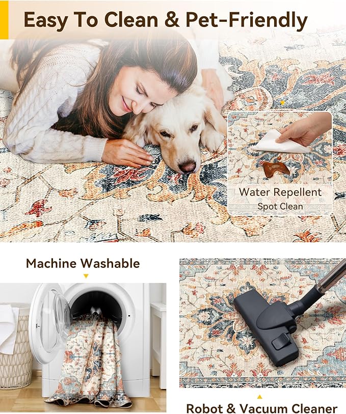 Area Rugs 2'x5' Washable Non-Slip, Floral Vintage Distress Print Pattern Medallion Carpet for Living Room Bedroom Dining Room, Beige Navy Blue Orange Colorful