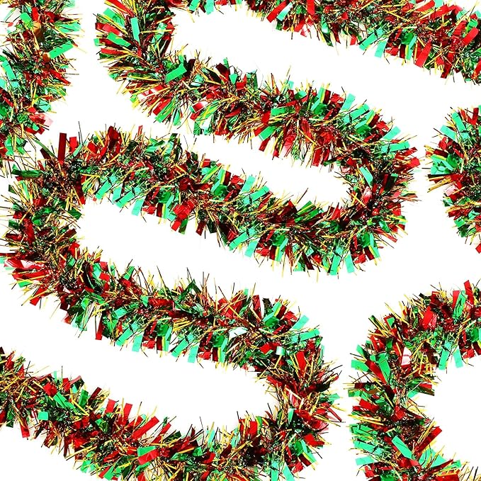 Dilunave 40 Feet Christmas Tinsel Garland Metallic Foil Twist Tinsel Garland Decoration for Christmas Tree, Wedding, Birthday and Party Hanging Decorations(Red, Green, Gold)