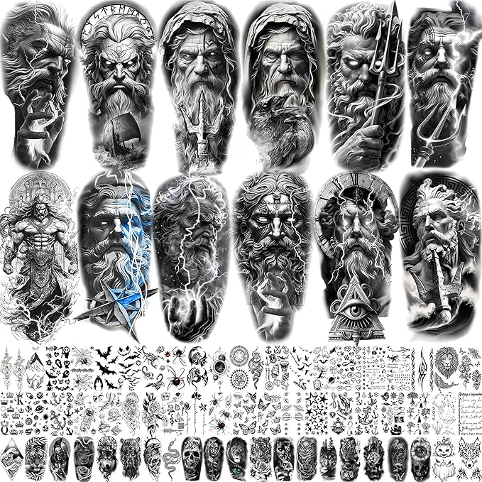 74 Sheets Black King Of The Greek God Zeus Temporary Tattoos For Women Men Adults Mythology, Poseidon Trident Halloween Fake Tattoo Stickers Compass Tribal Eye Totem, Temp Gothic Tattoo Lightning Bolt