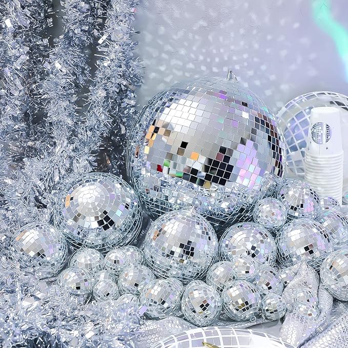 65 Pcs Disco Balls Decorations Assorted Size Disco Ball Ornament Reflective Hanging Mirror Ball Mini Large Silver Balls for Christmas Party Wedding Dance Ballroom Stage(12/6/ 4/3.2/2/ 1.2 in)