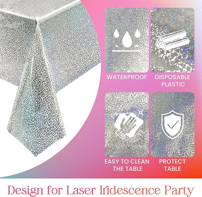 4 pcs Silver Holographic Tablecloths Shiny Disco Laser Table Cloths 40" x 108" Iridescence Plastic White Table Cover for Birthday Party Decoration Wedding Christmas Winter Grad Party Supplies
