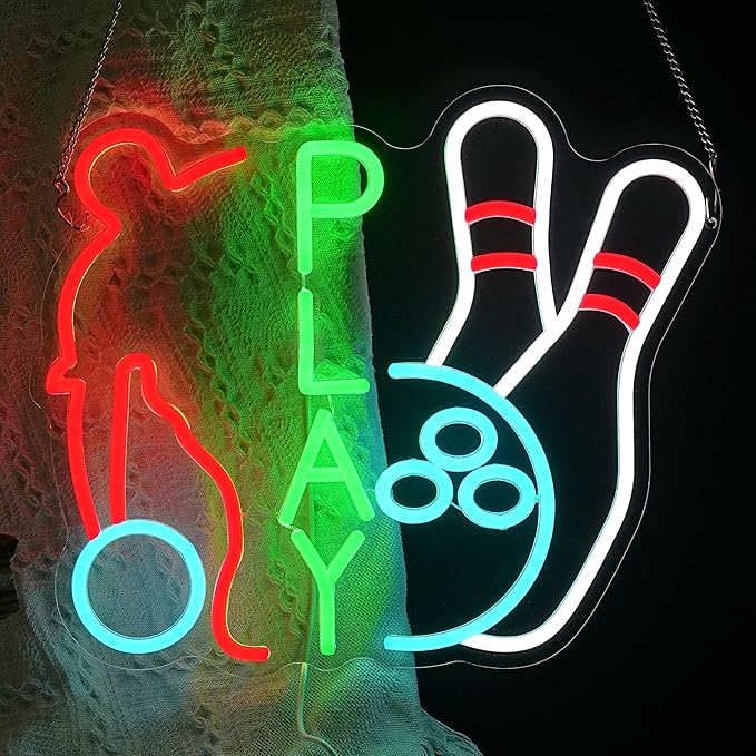 Play Sports Neon Sign for Wall Decor Basketball Neon Light Dimmable Bowling Ball Led Light Up Sign Sports-themed Led Light Sign for Boys Bedroom Gym Stadiums Man Cave Party (16.5 * 12.6 In)