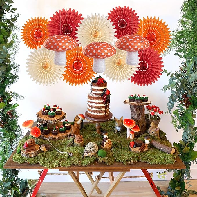 Homarkable Mushroom Paper Lanterns Paper Fans, Mushroom Party Decorations, with 3 Mushroom Lanterns 12 Inches, Red Orange Folding Fans, Honeycomb Party Decorations for Nursery Garden Forest Party
