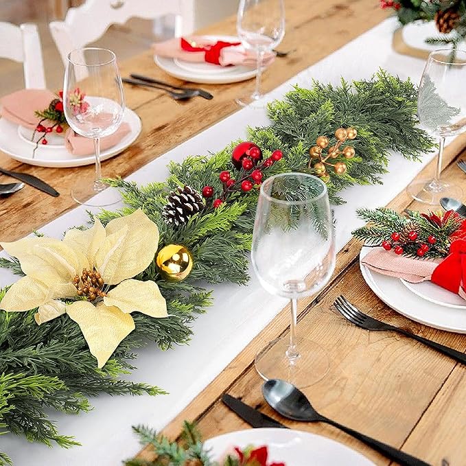6FT Christmas Cedar Garland for Mantle, 1PCS Realistic Christmas Pine Garland with Flowers Berries Pinecones Balls, Artificial Real Touch Soft Cedar Garlands for Winter Indoor Outdoor Xmas Decoration