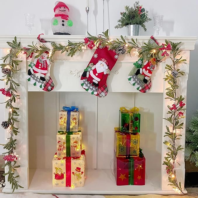 9ft Snowy Olive Christmas Garland with Lights, Pines and Stars,Battery Operated Garland with Timer, Christmas Garlands for Fireplace,StairRailing,Indoor, Outdoor Decor