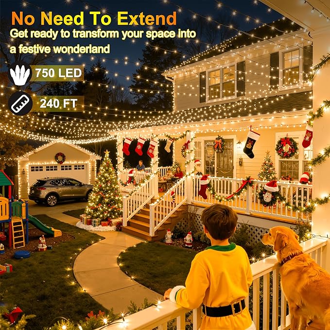 240FT 750LED Christmas Lights,12 Modes Warm White Outdoor String Lights with Timer & Dimmable, Waterproof Green Wire Christmas String Lights for Indoor Tree Xmas Patio Fence Wedding Party Decor