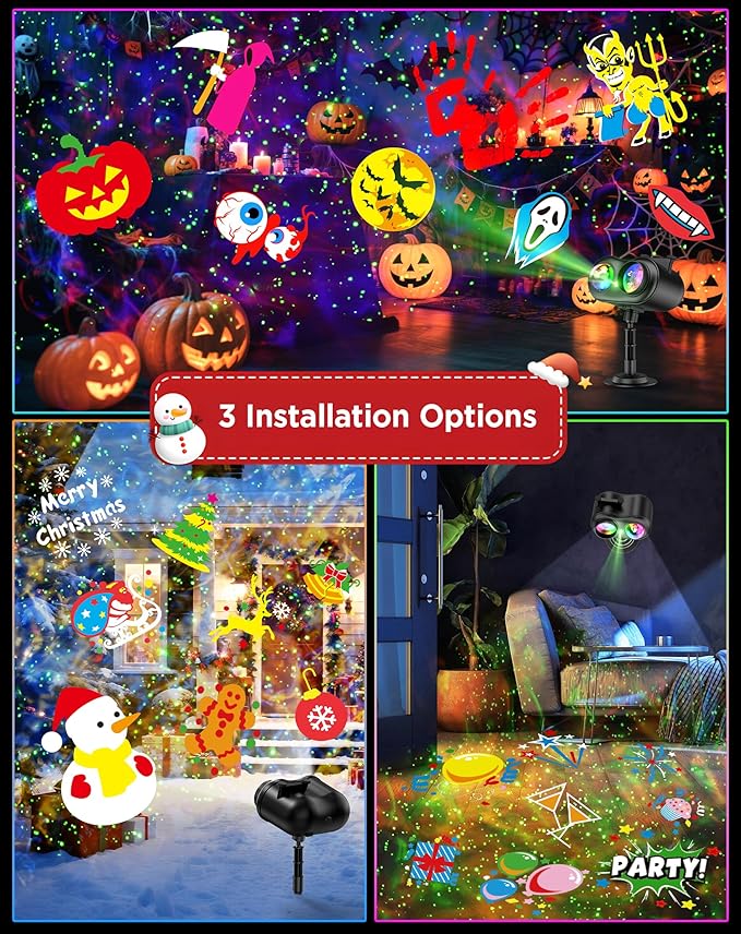 Christmas Projector Lights Outdoor Waterproof, 10 Slides x 8 Bright HD Patterns, Firefly & Ocean Wave Effects, Timer Snowflake Light Projector for House Yard Xmas New Year Valentine’s Thanksgiving