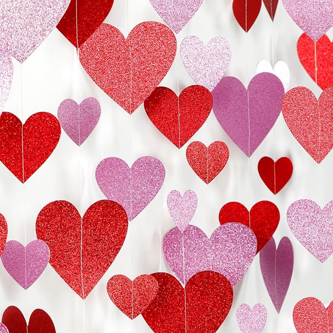 Galentines Party-Decorations Heart Garland - 6pcs Glitter Pink Red Love Hanging Streamers,Romantic Special Night Baby Shower Wedding Anniversary Ceiling Banner Backdrop Decor Burgleda
