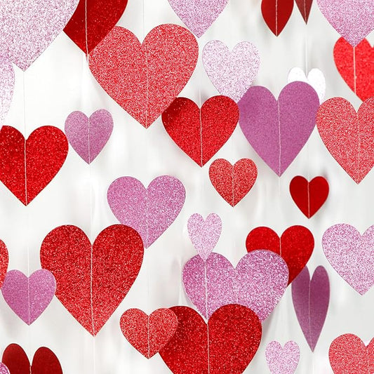 Galentines Party-Decorations Heart Garland - 6pcs Glitter Pink Red Love Hanging Streamers,Romantic Special Night Baby Shower Wedding Anniversary Ceiling Banner Backdrop Decor Burgleda