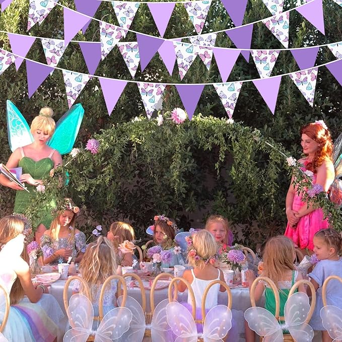 32Ft Pink Purple Butterfly Triangle Flag Fabric Banner Pennant Garland Streamer for Birthday Wedding Baby Shower Lavender Mermaid Girls Tea Party Decor
