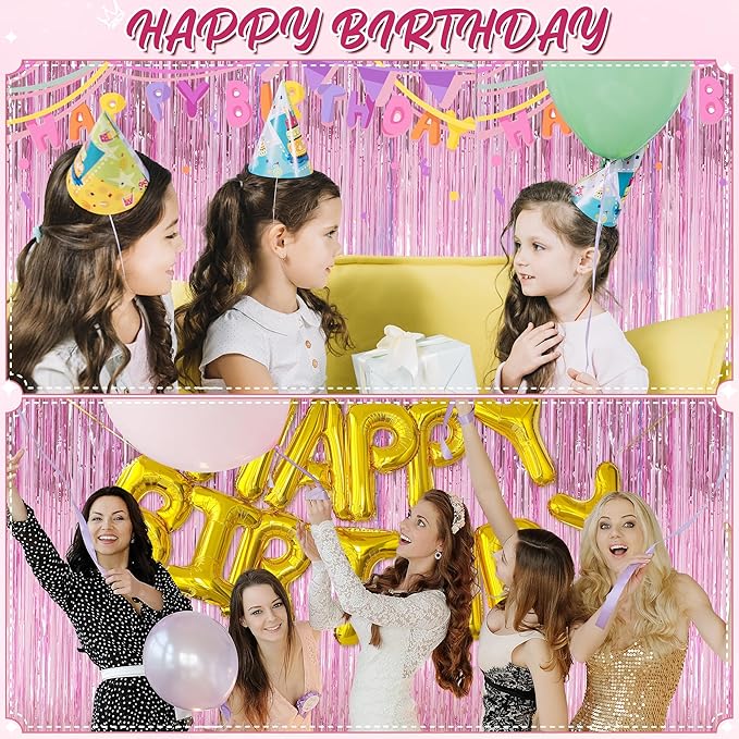 Crosize 3 Pack 3.3 x 9.9 ft Pink Foil Fringe Glitter Curtains Party Decorations, Tinsel Backdrop for Parties, Door Streamers for Birthday, Photo Booth Backdrops, Party Decor